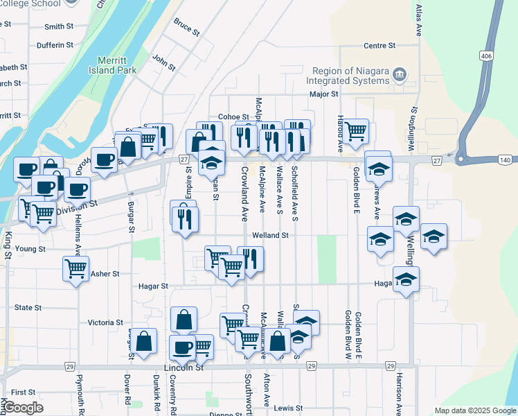map of restaurants, bars, coffee shops, grocery stores, and more near 66 Crowland Avenue in Welland