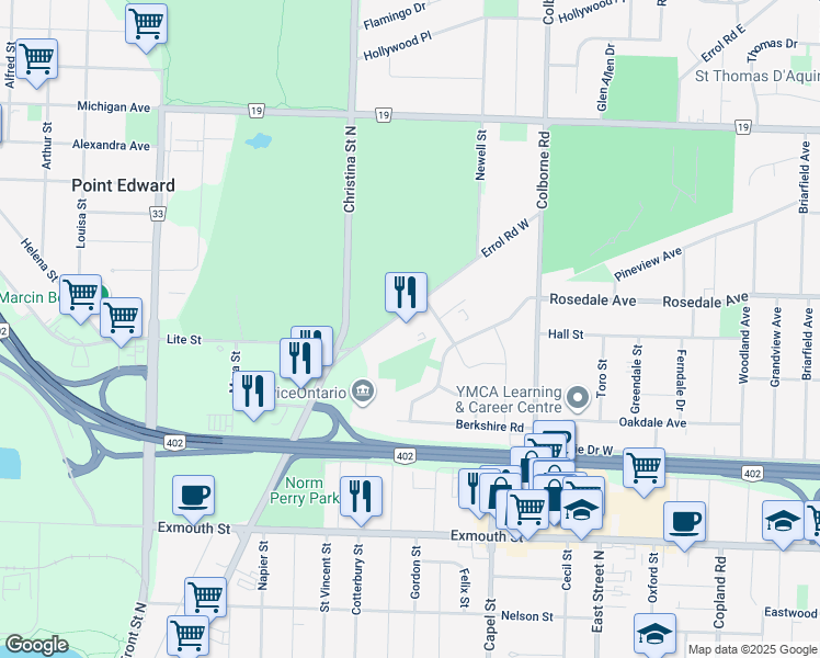 map of restaurants, bars, coffee shops, grocery stores, and more near 501 Errol Road West in Sarnia