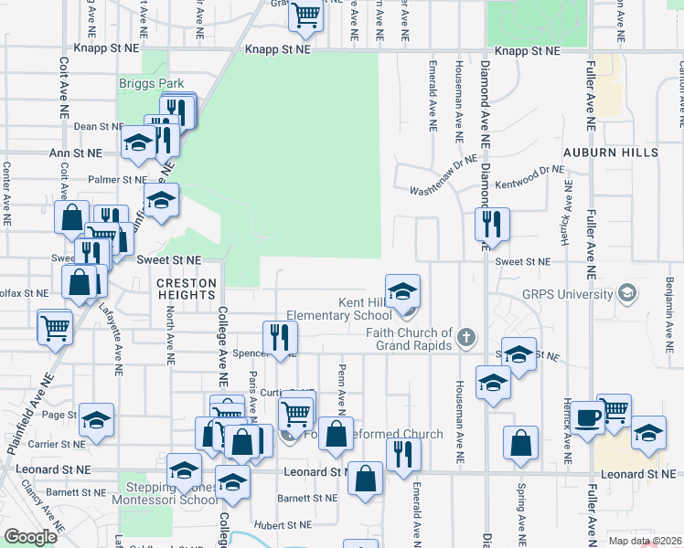 map of restaurants, bars, coffee shops, grocery stores, and more near 715 Kent Hills Road Northeast in Grand Rapids