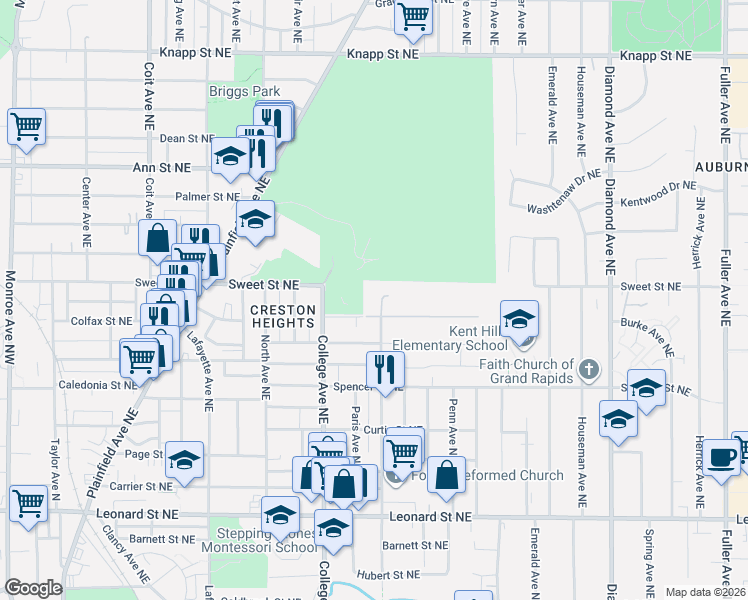map of restaurants, bars, coffee shops, grocery stores, and more near 547 Kent Hills Road Northeast in Grand Rapids