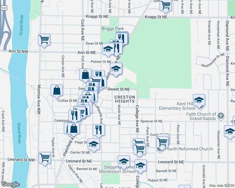 map of restaurants, bars, coffee shops, grocery stores, and more near 1574 Forrest Avenue Northeast in Grand Rapids