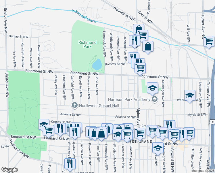 map of restaurants, bars, coffee shops, grocery stores, and more near 1523 Tamarack Avenue Northwest in Grand Rapids