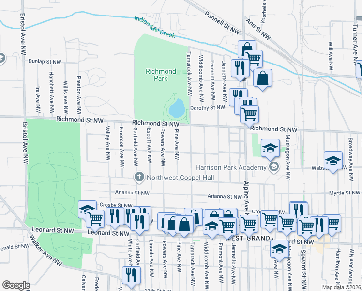 map of restaurants, bars, coffee shops, grocery stores, and more near 1523 Tamarack Avenue Northwest in Grand Rapids