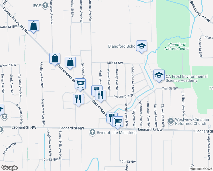 map of restaurants, bars, coffee shops, grocery stores, and more near 1474 Marlin Avenue Northwest in Grand Rapids