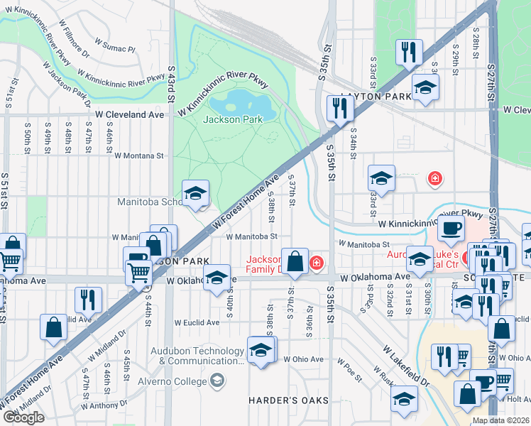 map of restaurants, bars, coffee shops, grocery stores, and more near 2924 South 38th Street in Milwaukee