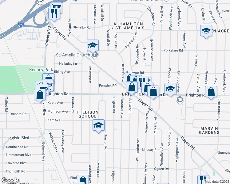 map of restaurants, bars, coffee shops, grocery stores, and more near 818 Brighton Road in Tonawanda