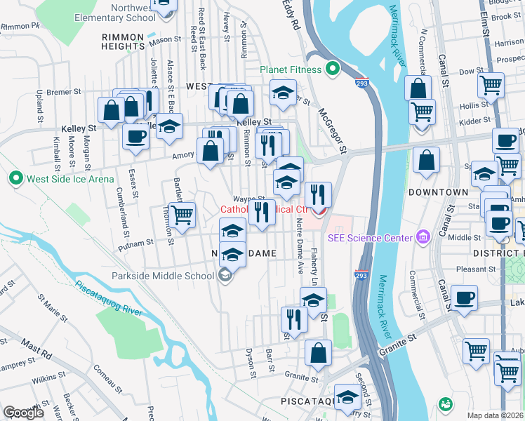 map of restaurants, bars, coffee shops, grocery stores, and more near 306 Dubuque Street in Manchester