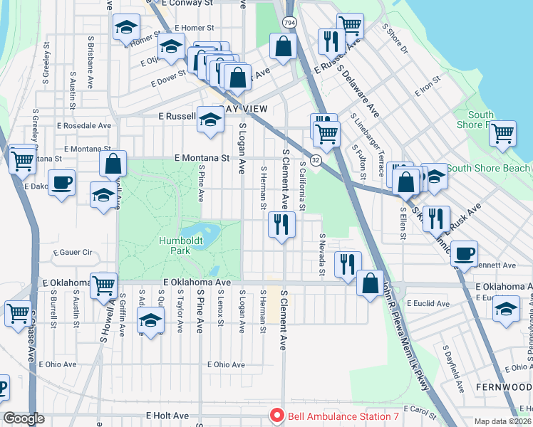 map of restaurants, bars, coffee shops, grocery stores, and more near 2938 South Herman Street in Milwaukee