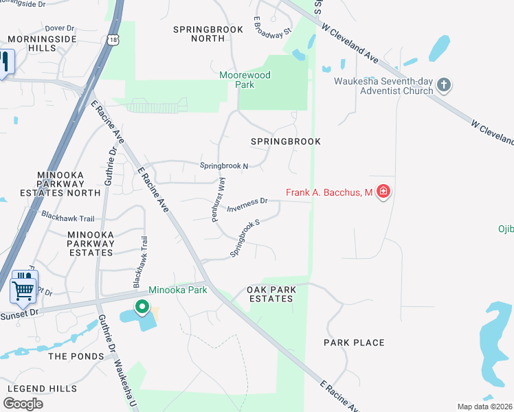 map of restaurants, bars, coffee shops, grocery stores, and more near 2129 Inverness Drive in Waukesha