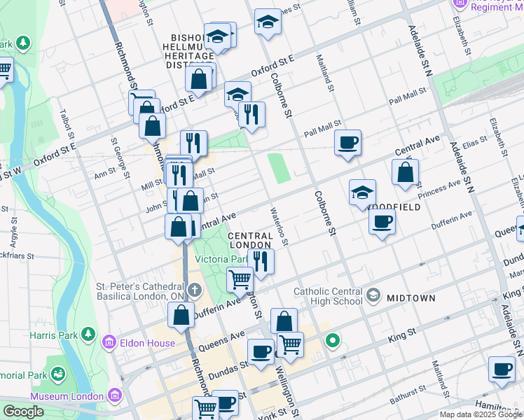 map of restaurants, bars, coffee shops, grocery stores, and more near 321 Central Avenue in London