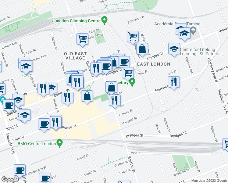 map of restaurants, bars, coffee shops, grocery stores, and more near 1028 York Street in London