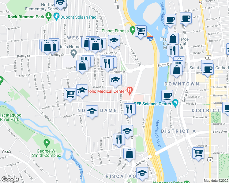 map of restaurants, bars, coffee shops, grocery stores, and more near 305 Cartier Street in Manchester