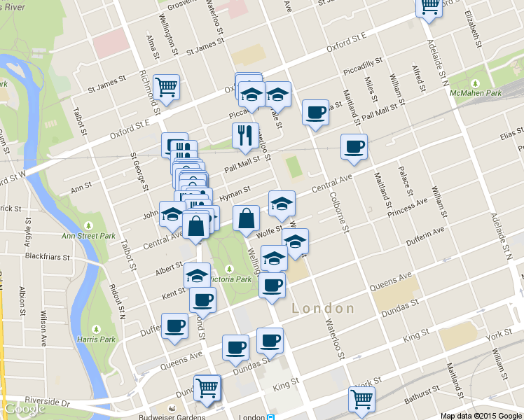 map of restaurants, bars, coffee shops, grocery stores, and more near 305 Central Avenue in London