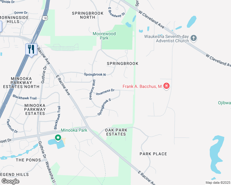 map of restaurants, bars, coffee shops, grocery stores, and more near 2147 Inverness Drive in Waukesha
