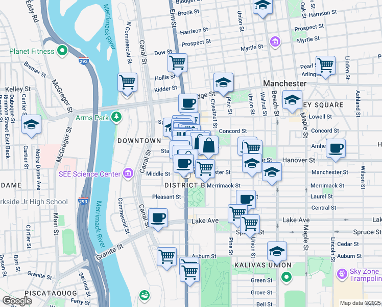 map of restaurants, bars, coffee shops, grocery stores, and more near 941 Elm Street in Manchester