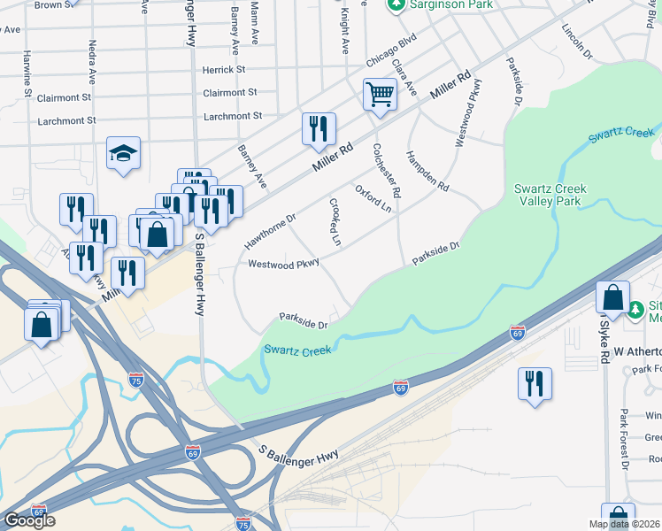 map of restaurants, bars, coffee shops, grocery stores, and more near 3221 Westwood Parkway in Flint