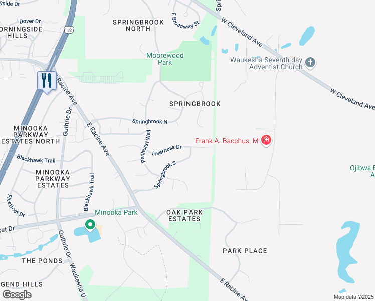 map of restaurants, bars, coffee shops, grocery stores, and more near 2147 Inverness Drive in Waukesha