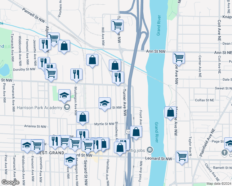 map of restaurants, bars, coffee shops, grocery stores, and more near 1548 Broadway Avenue Northwest in Grand Rapids