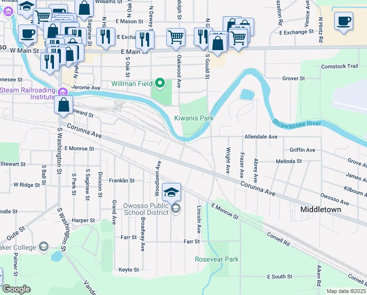 map of restaurants, bars, coffee shops, grocery stores, and more near 600 Oakwood Avenue in Owosso