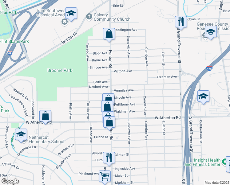 map of restaurants, bars, coffee shops, grocery stores, and more near 943 Vermilya Avenue in Flint