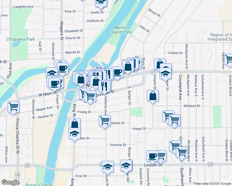 map of restaurants, bars, coffee shops, grocery stores, and more near in Welland
