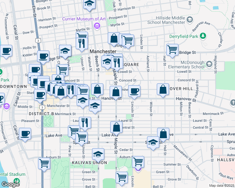 map of restaurants, bars, coffee shops, grocery stores, and more near 453 Maple Street in Manchester