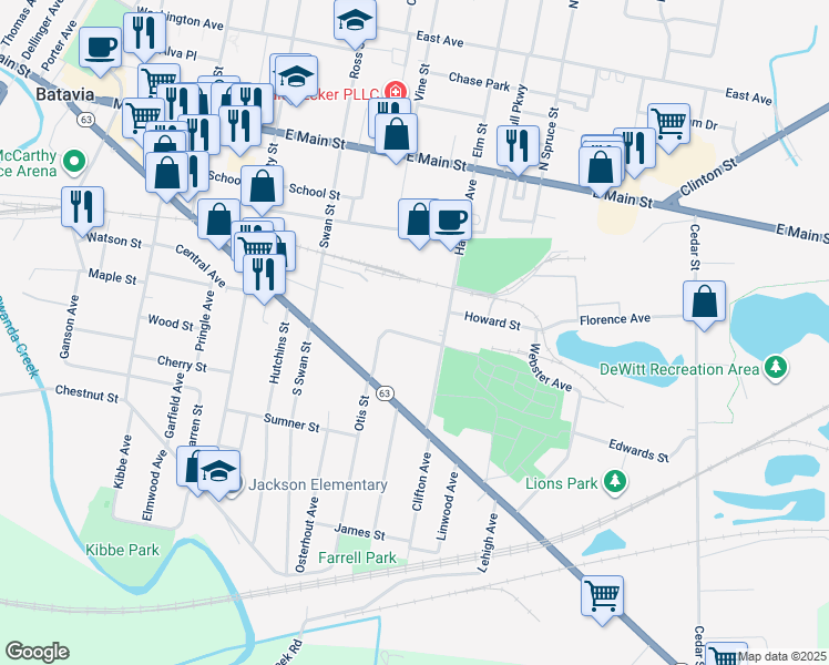 map of restaurants, bars, coffee shops, grocery stores, and more near 14 Colorado Avenue in Batavia