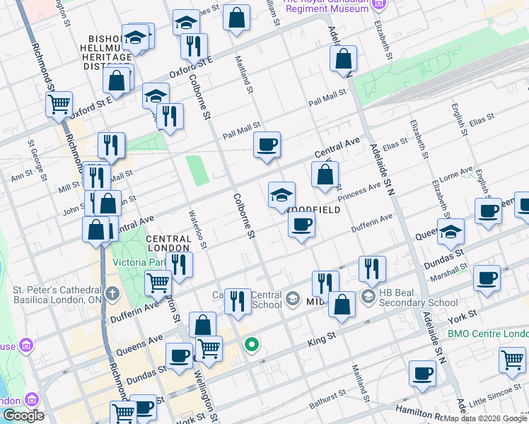 map of restaurants, bars, coffee shops, grocery stores, and more near 69 Cartwright Street in London