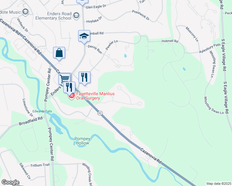 map of restaurants, bars, coffee shops, grocery stores, and more near 106 Fallen Oaks Lane in Manlius