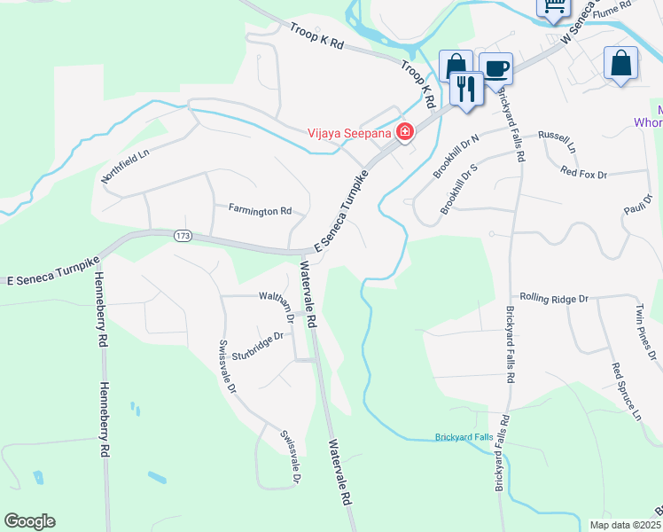 map of restaurants, bars, coffee shops, grocery stores, and more near 7674 Pinebluff Circle in Manlius