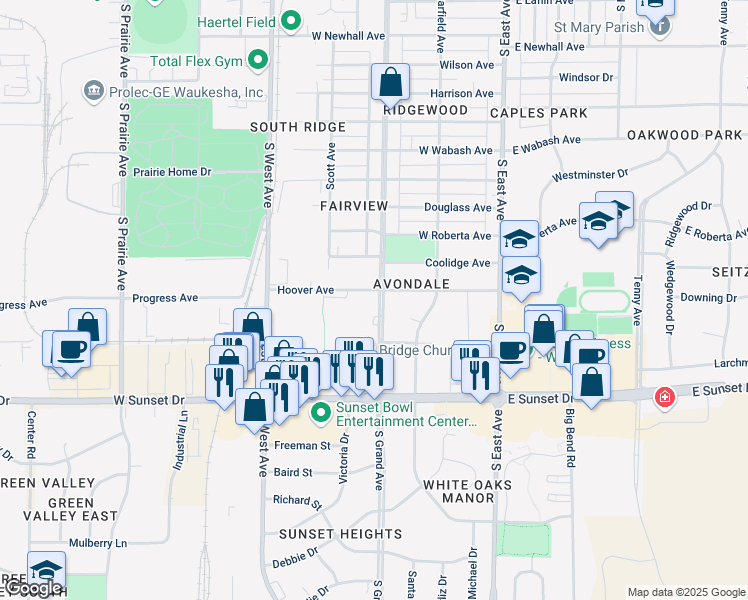 map of restaurants, bars, coffee shops, grocery stores, and more near 1212 South Grand Avenue in Waukesha
