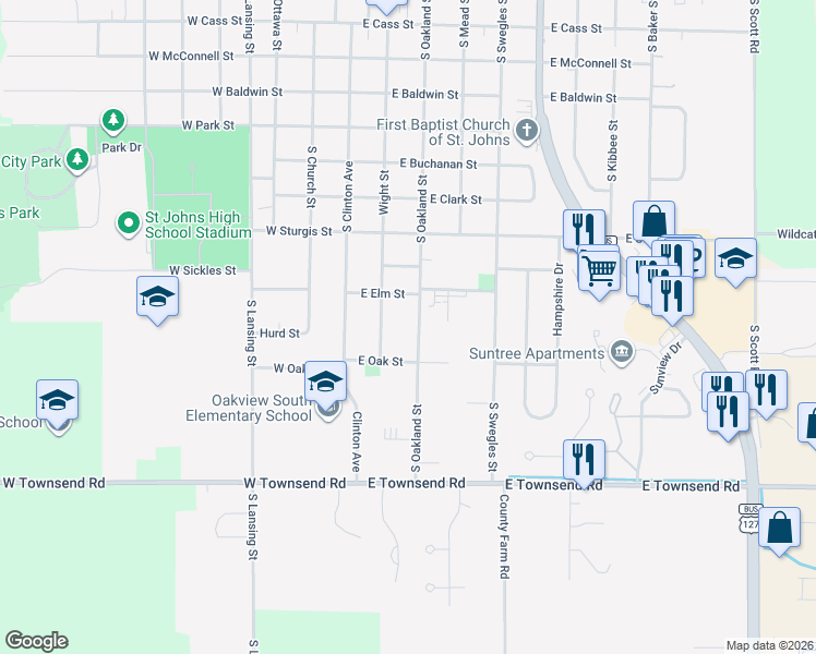 map of restaurants, bars, coffee shops, grocery stores, and more near 1010 South Oakland Street in Saint Johns