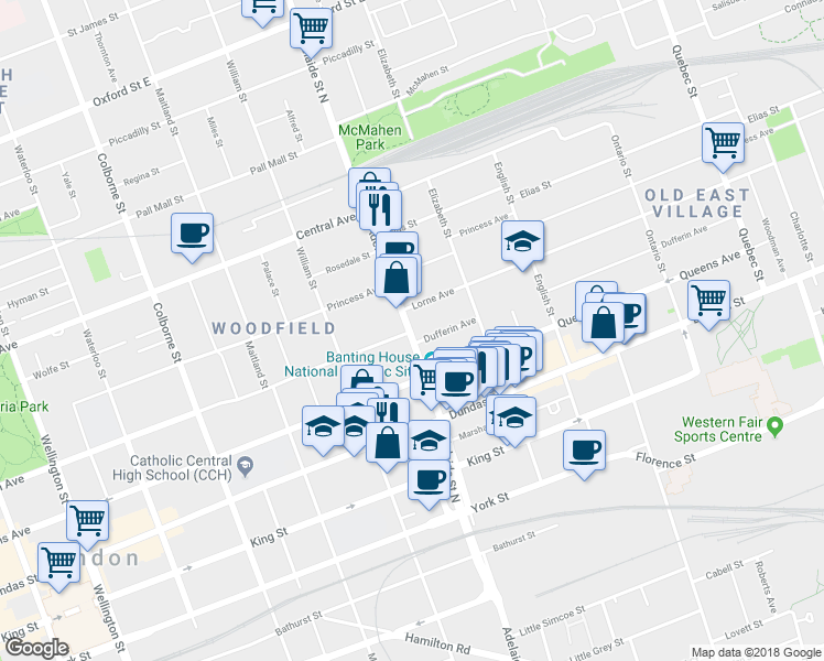 map of restaurants, bars, coffee shops, grocery stores, and more near 490 Adelaide Street North in London
