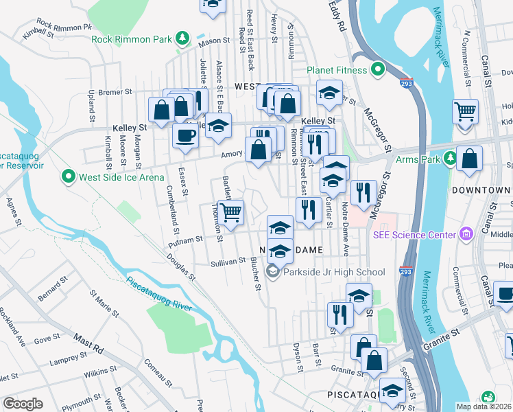 map of restaurants, bars, coffee shops, grocery stores, and more near 207 Valley West Way in Manchester