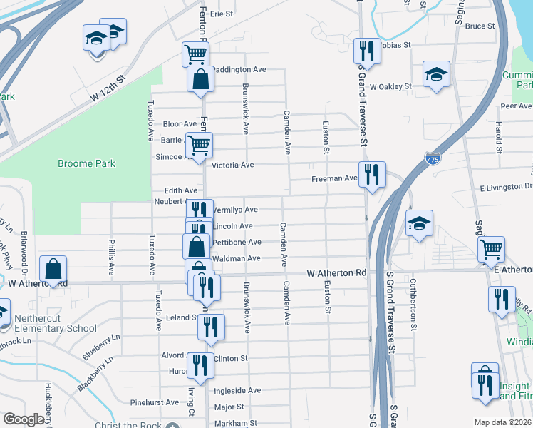map of restaurants, bars, coffee shops, grocery stores, and more near 827 Vermilya Avenue in Flint