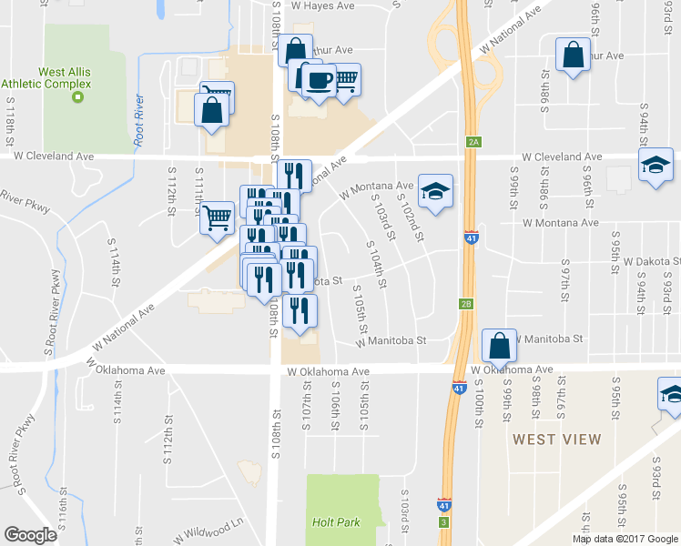 map of restaurants, bars, coffee shops, grocery stores, and more near 10520 West Dakota Street in West Allis