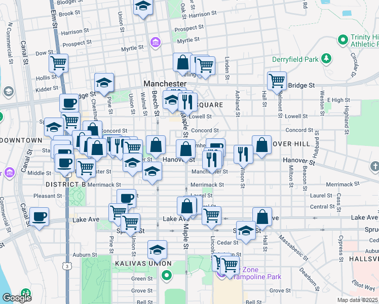 map of restaurants, bars, coffee shops, grocery stores, and more near 453 Maple Street in Manchester