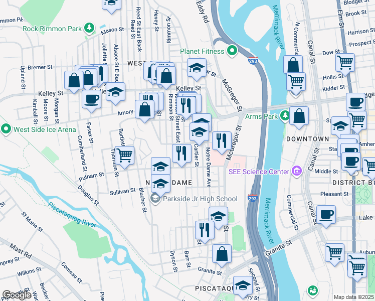 map of restaurants, bars, coffee shops, grocery stores, and more near 320 Dubuque Street in Manchester