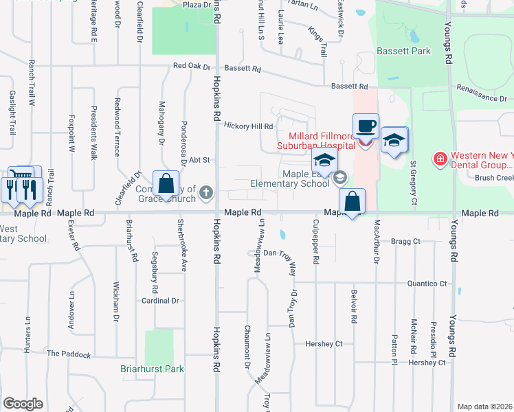 map of restaurants, bars, coffee shops, grocery stores, and more near 1380 Maple Road in Buffalo