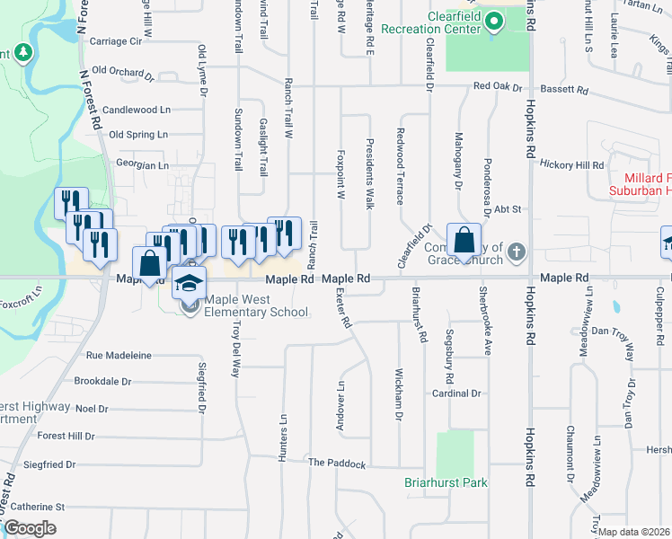 map of restaurants, bars, coffee shops, grocery stores, and more near 1050 Maple Road in Buffalo
