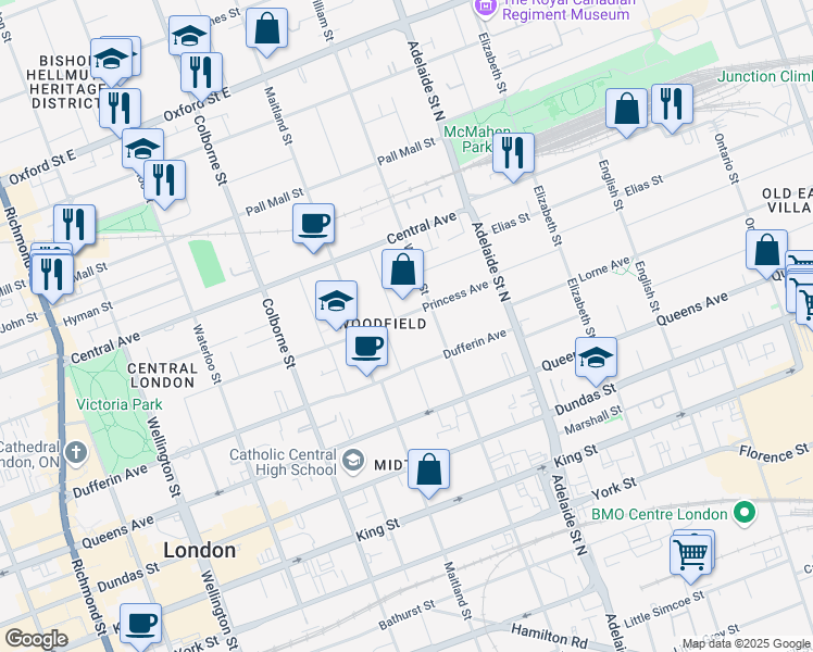 map of restaurants, bars, coffee shops, grocery stores, and more near 515 Princess Avenue in London