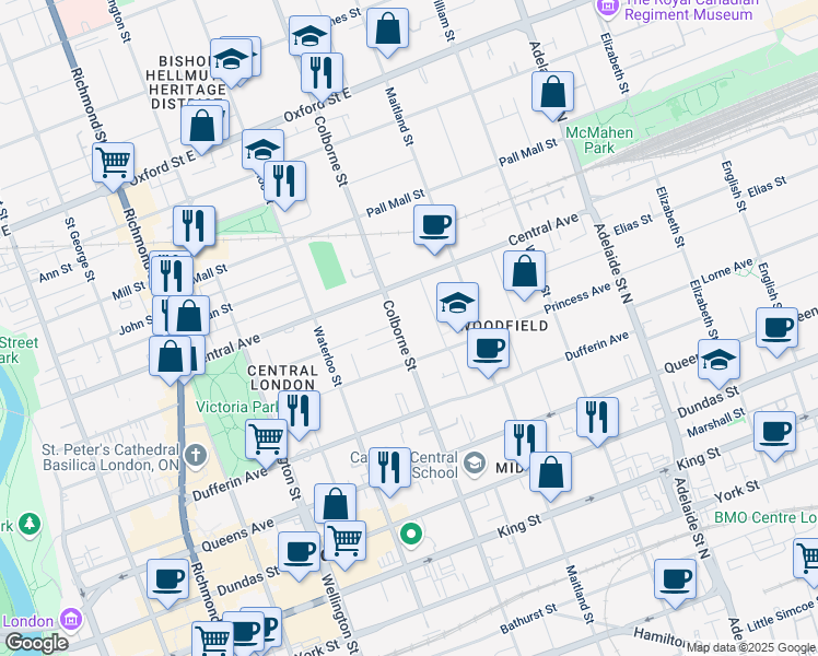 map of restaurants, bars, coffee shops, grocery stores, and more near 550 Colborne Street in London