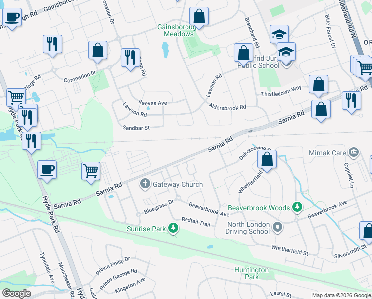 map of restaurants, bars, coffee shops, grocery stores, and more near 811 Sarnia Road in London