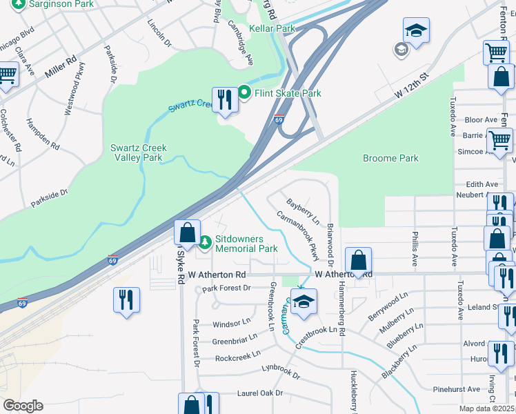 map of restaurants, bars, coffee shops, grocery stores, and more near 1935 Carmanbrook Parkway in Flint