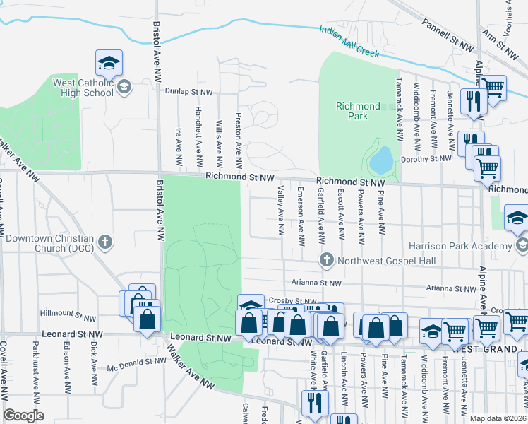 map of restaurants, bars, coffee shops, grocery stores, and more near 1511 Valley Avenue Northwest in Grand Rapids