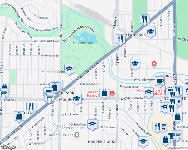 map of restaurants, bars, coffee shops, grocery stores, and more near 2924 South 38th Street in Milwaukee