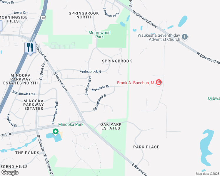 map of restaurants, bars, coffee shops, grocery stores, and more near 2147 Inverness Drive in Waukesha