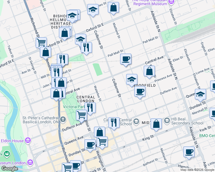 map of restaurants, bars, coffee shops, grocery stores, and more near 1 Waverley Place in London