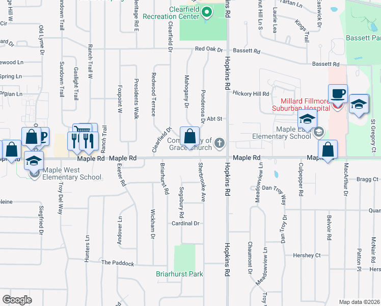 map of restaurants, bars, coffee shops, grocery stores, and more near 1204 Maple Road in Buffalo