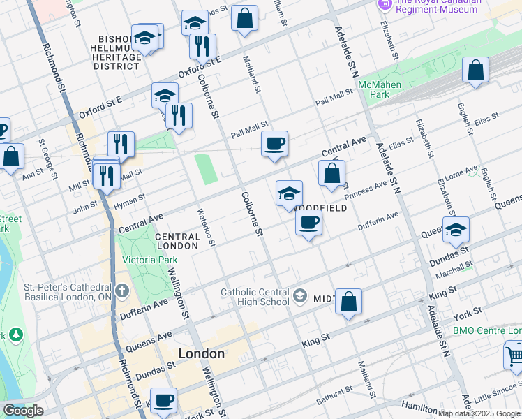 map of restaurants, bars, coffee shops, grocery stores, and more near 550 Colborne Street in London